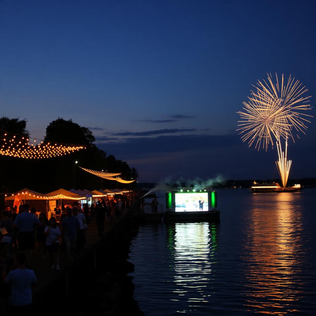 Avondfestival aan het meer met lichtjes en vuurwerk