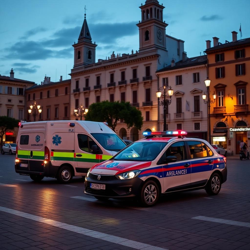 Italiaanse ambulance en politieauto in een dorpsplein