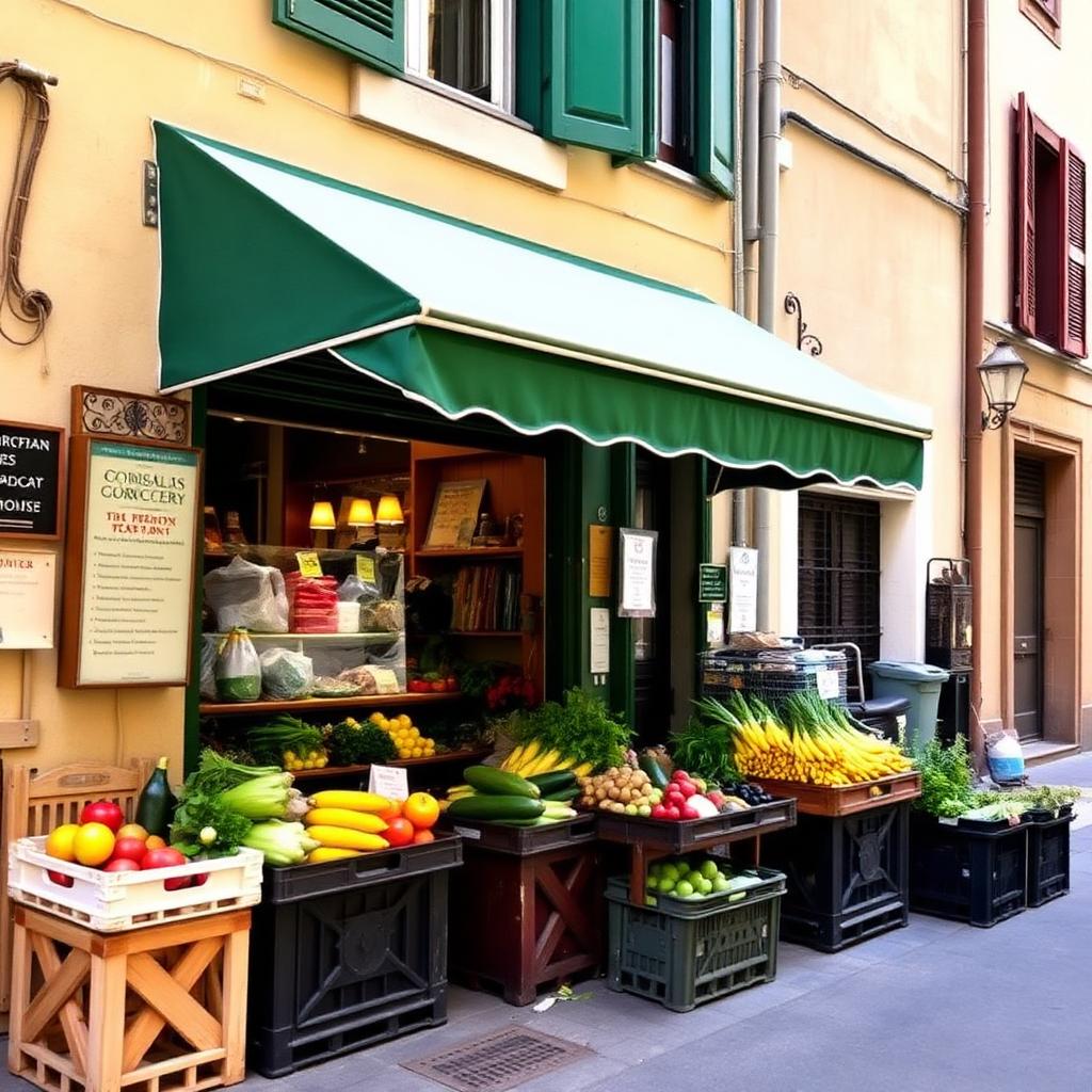 Kleine Italiaanse buurtwinkel met verse groenten buiten