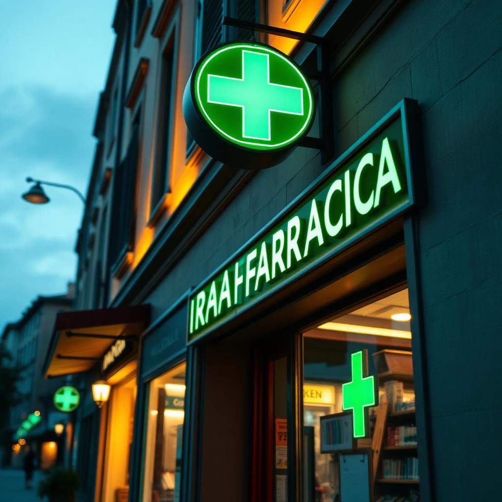 Italiaanse apotheek met groen kruis bord