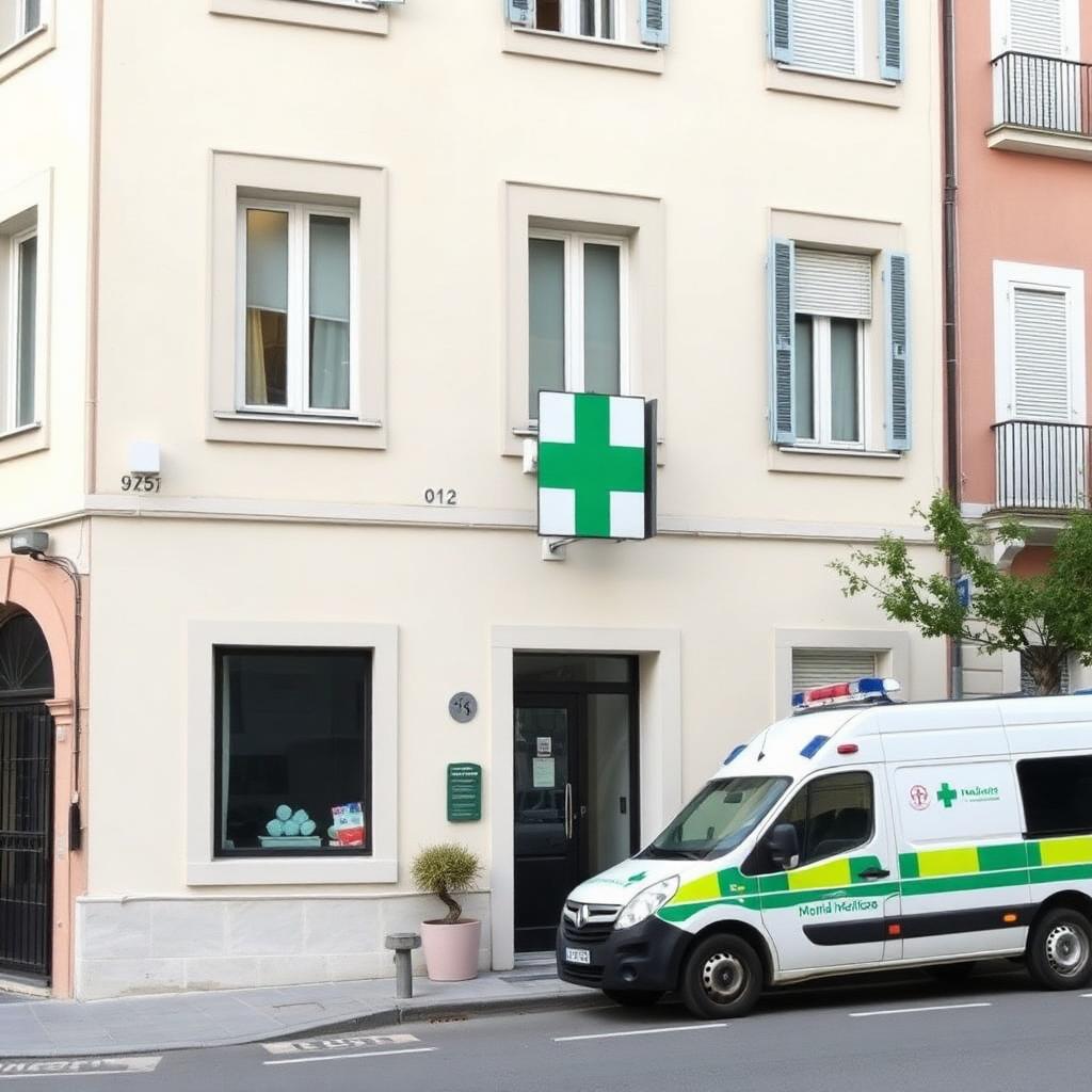 Italiaanse medische post met groen kruis en ambulance
