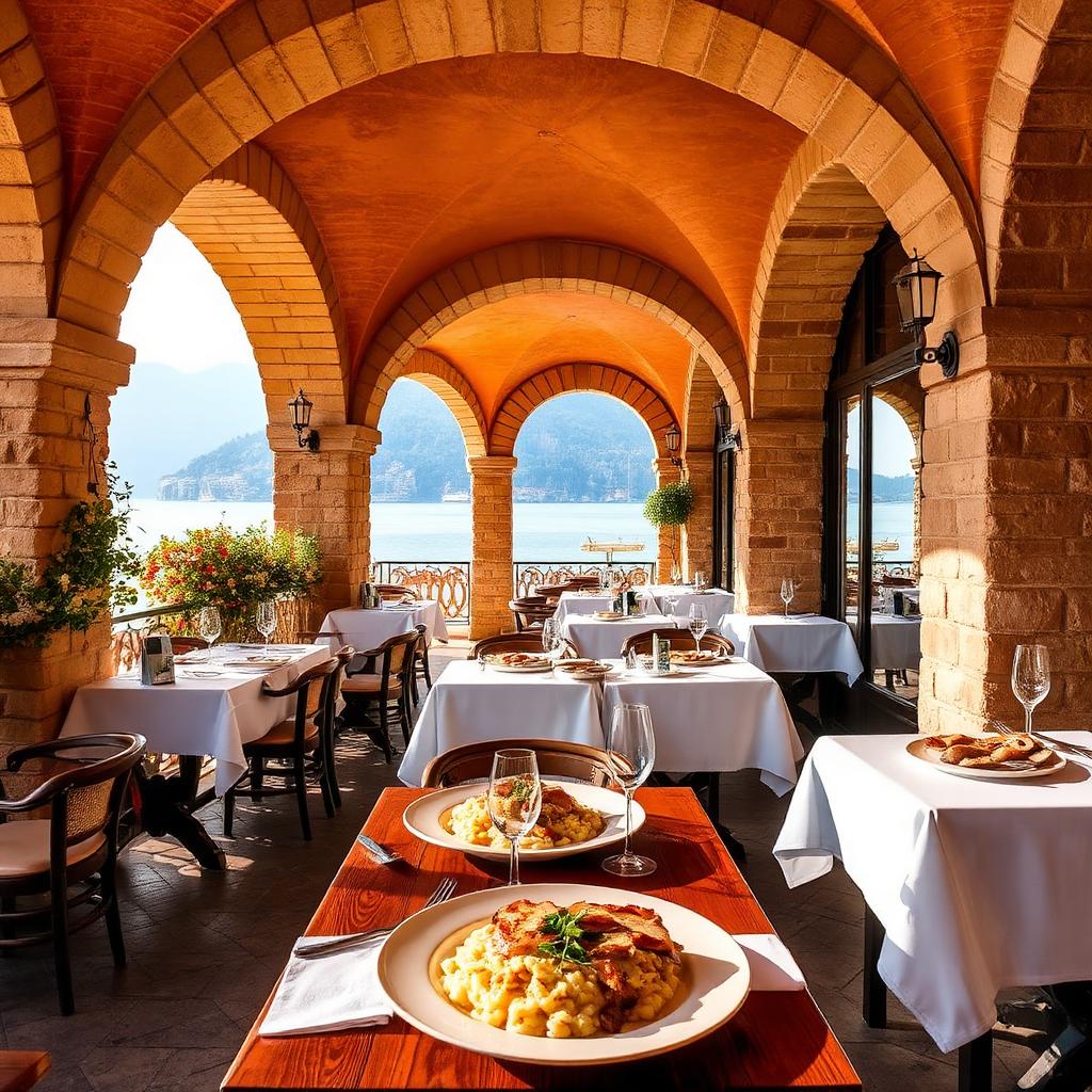 Gewelfde terras van Trattoria Imbarcadero op Isola dei Pescatori