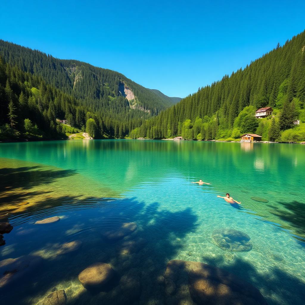 Helder turkoois water van het Lago di Monate met groene oevers