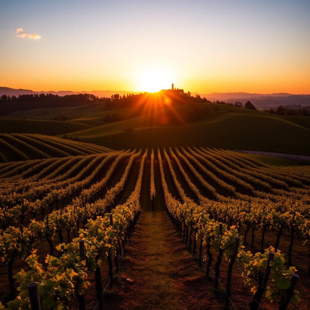 Glooiende wijngaarden van de Langhe bij zonsondergang