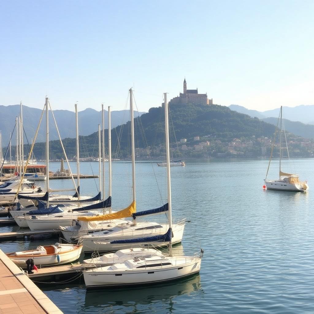 Zeilboten in de Marina di Arona met Rocca op de achtergrond