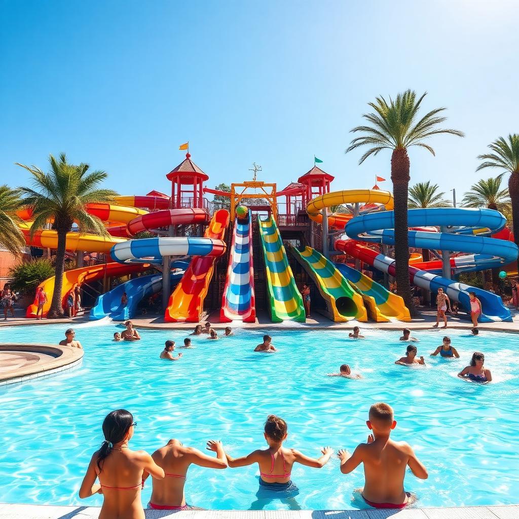 Kleurrijke waterglijbanen en zwembad in een waterpark