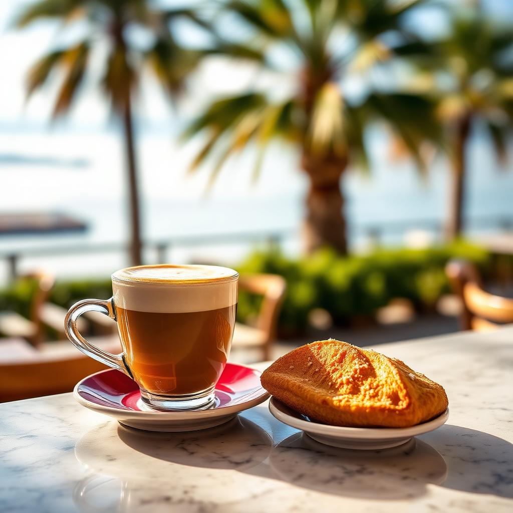 Cappuccino en cornetto aan een terras met meerzicht