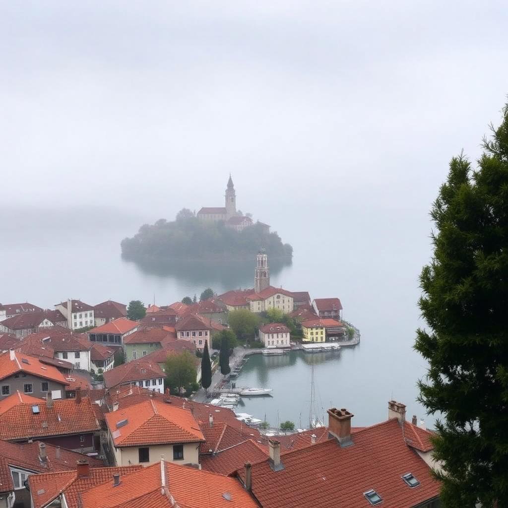 Orta San Giulio met San Giulio-eiland in de mist