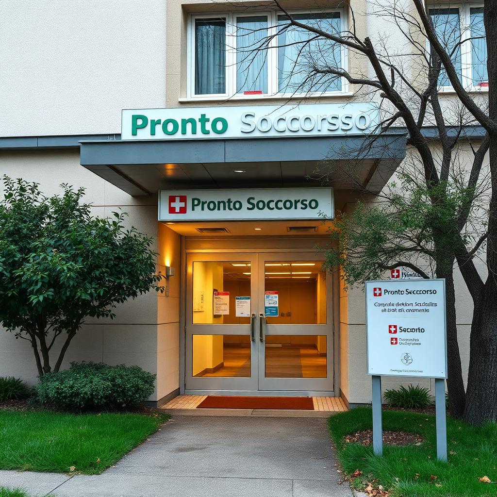 Ingang van een Italiaans ziekenhuis met Pronto Soccorso bord