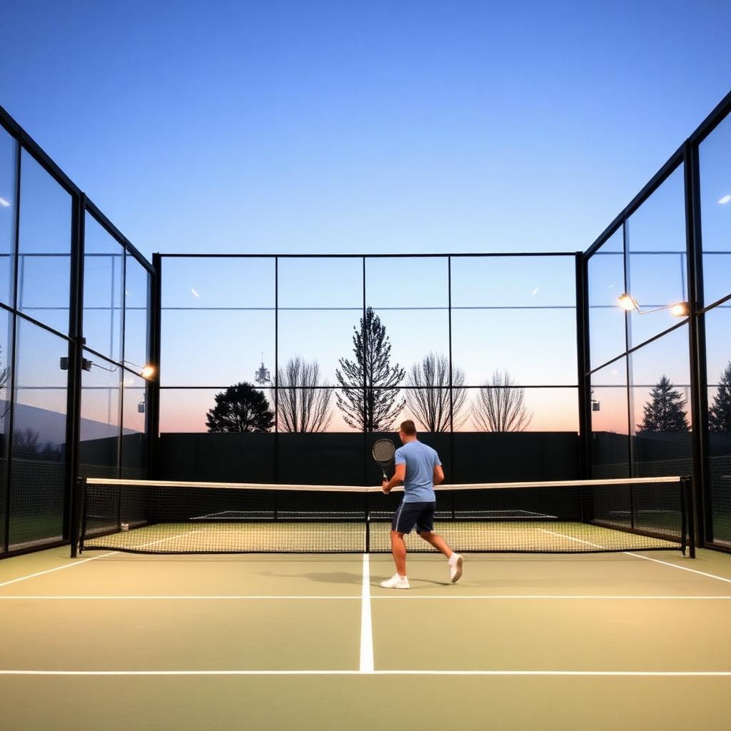 Padelbaan in de avond met spelers