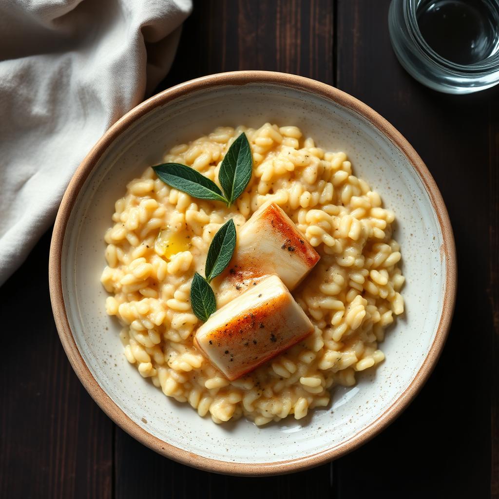 Romige risotto met baarsfilets en salie