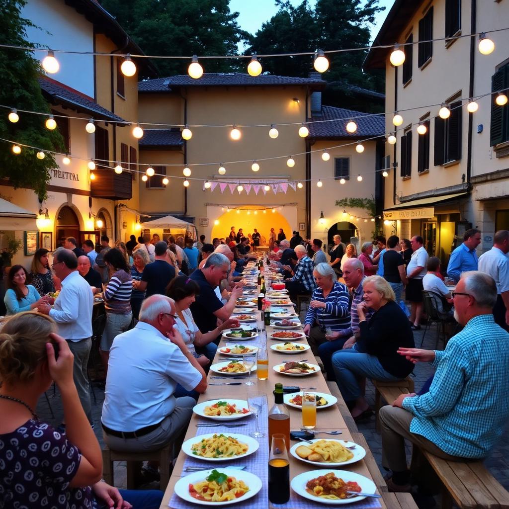Dorpsfeest in een Italiaans plaatsje met lange tafels en lichtjes