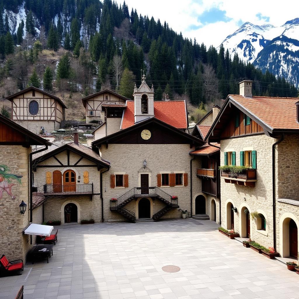 Plein in Santa Maria Maggiore met alpenhuizen en bergen