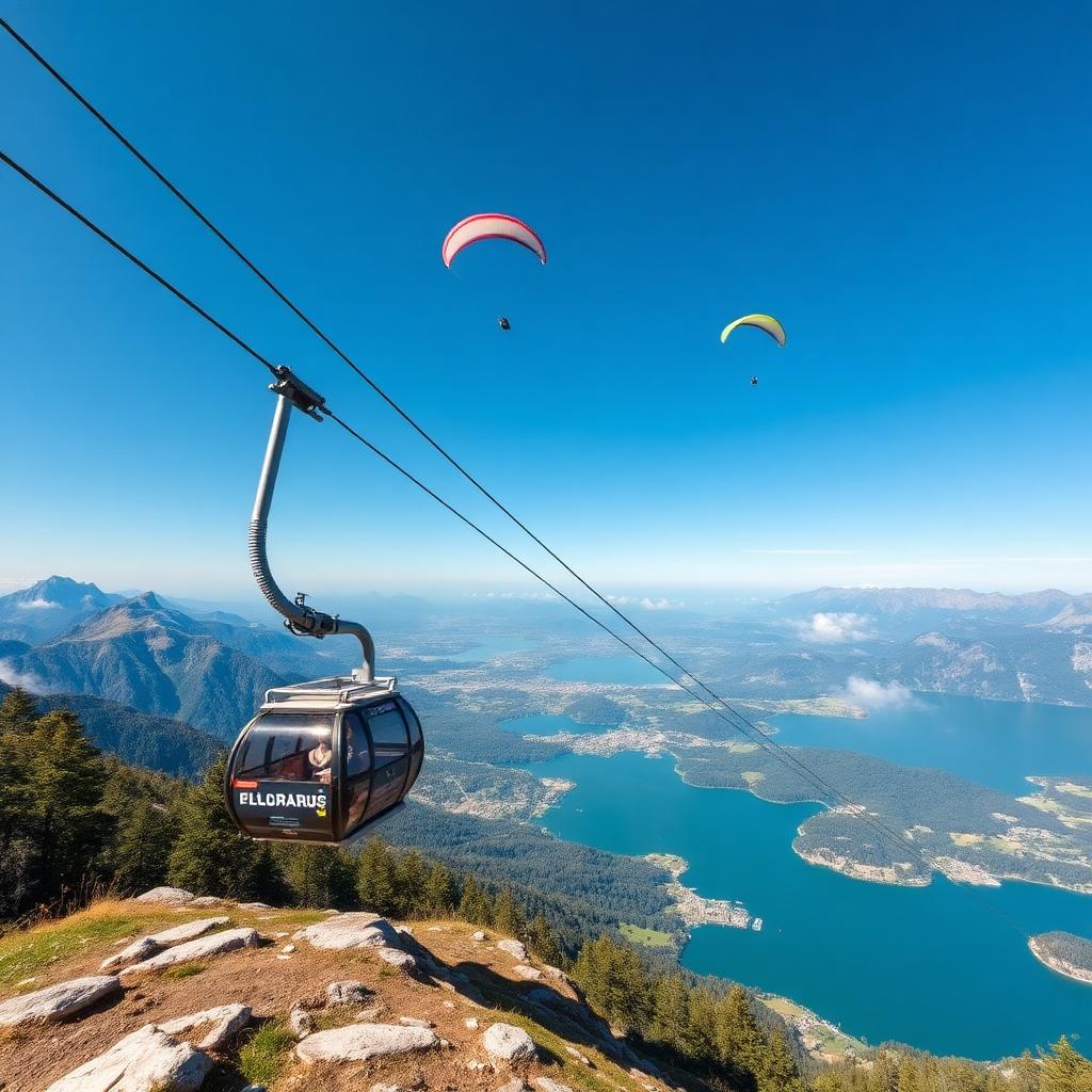 Open kabelbaan van Laveno naar de Sasso del Ferro met paragliders
