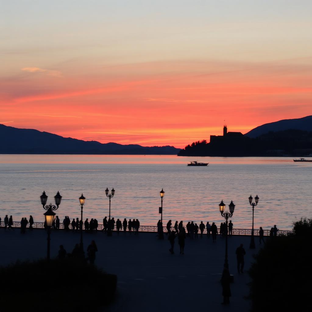 Zonsondergang vanaf de boulevard van Arona met zicht op Angera
