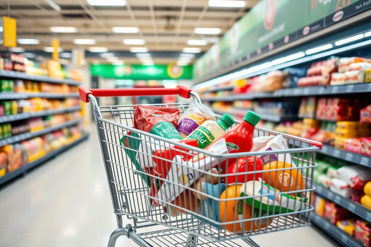 Winkelwagen met boodschappen in een supermarkt