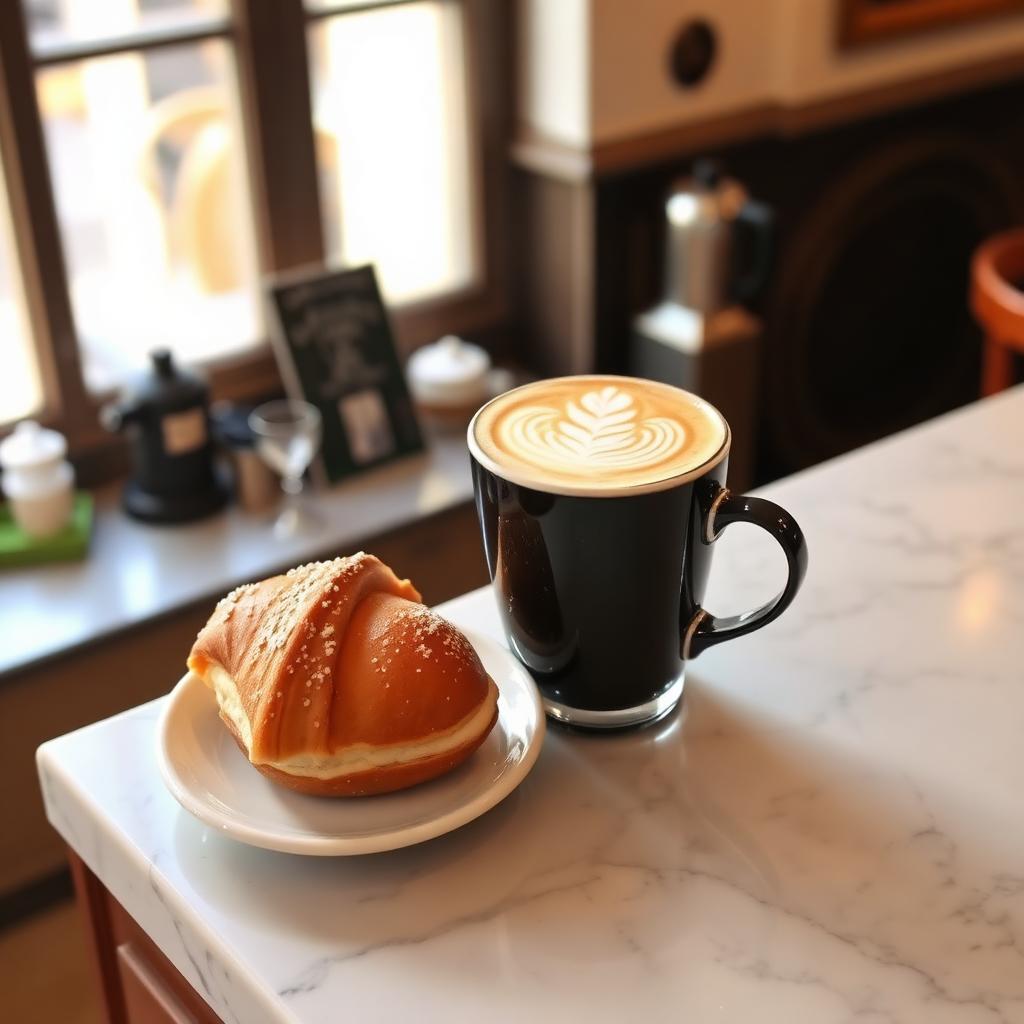 Cappuccino met latte art en cornetto aan een marmeren bar