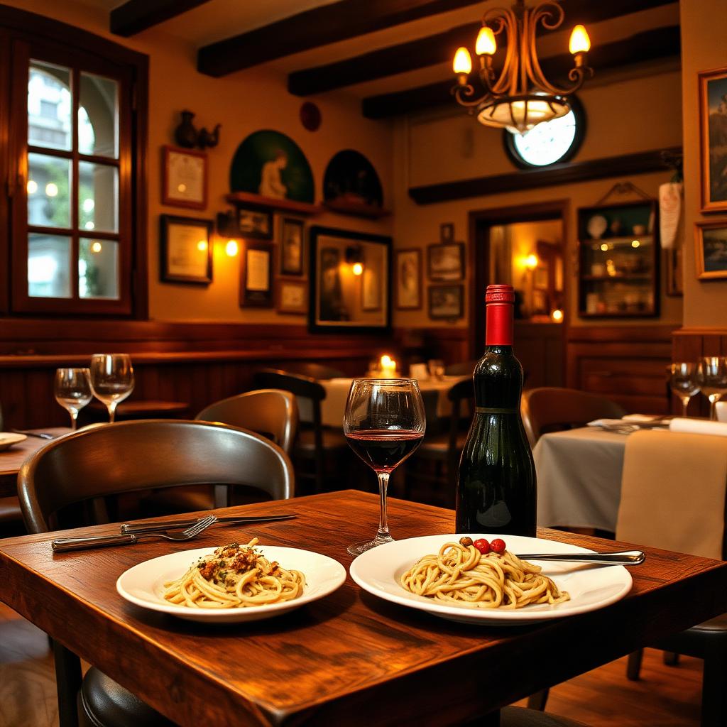 Sfeervol Italiaans trattoria-interieur met pasta en wijn